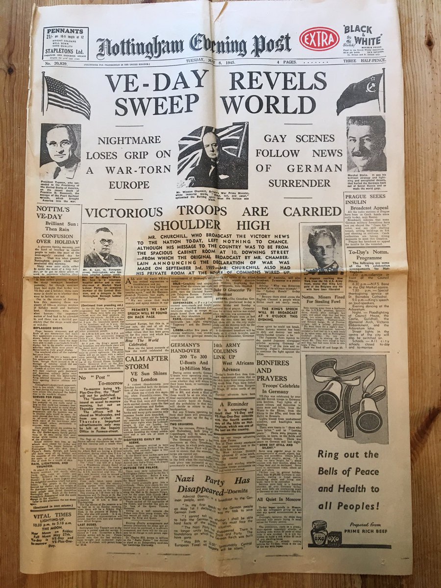 And the front cover of @NottinghamPost from VE Day            
#VEDay #VEDay75 #VEDay2020 #LestWeForget #HappyVE #75thAnniversary #WeThankYou #ToThoseWhoGaveSoMuch #WorldWarII #VictoryinEurope #VEDayAtHome