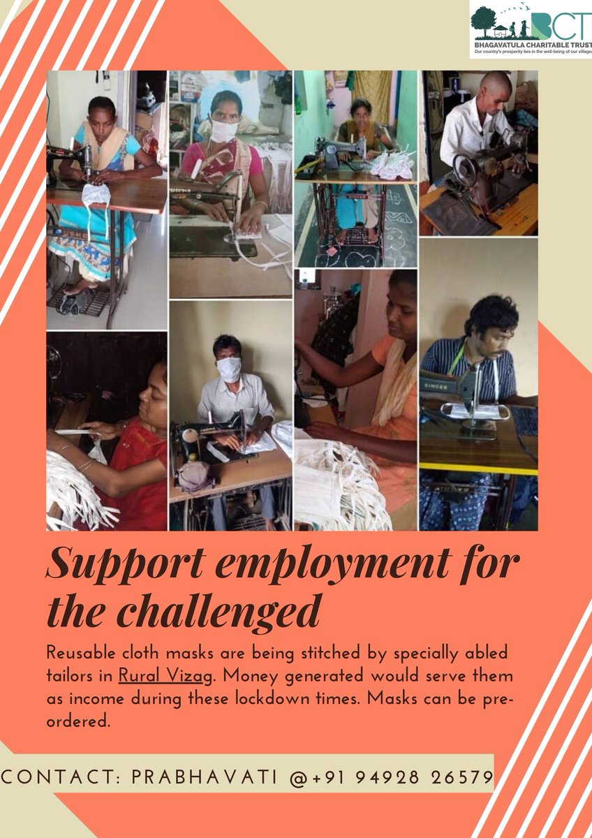 bct_ngo's tweet photo. We've been stitching and supplying cloth masks to doctors, businesses, police and friends from #Visakhapatnam for the past few weeks now. Please show your support by ordering masks from this team of physically challenged tailors in rural #Vizag. #supportlivelihoods https://t.co/pfuap71PR7