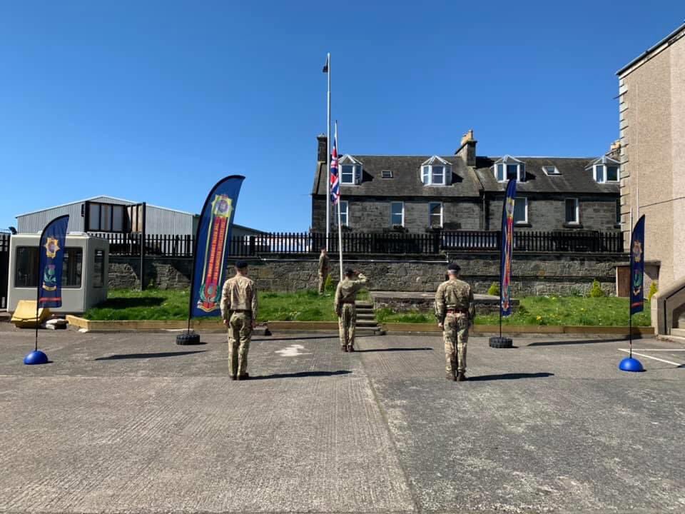 154ScottishRegt's tweet photo. Flags raised across Regt 0800 this morning marking the significance of today. 75 years, we all remember the end of World War II; the sacrifices made by โThe world must know what happened & never forget.โ General Dwight D. Eisenhower #ArmyScotlandSaluteWW2Heroes #154family https://t.co/tlEKnErBgE