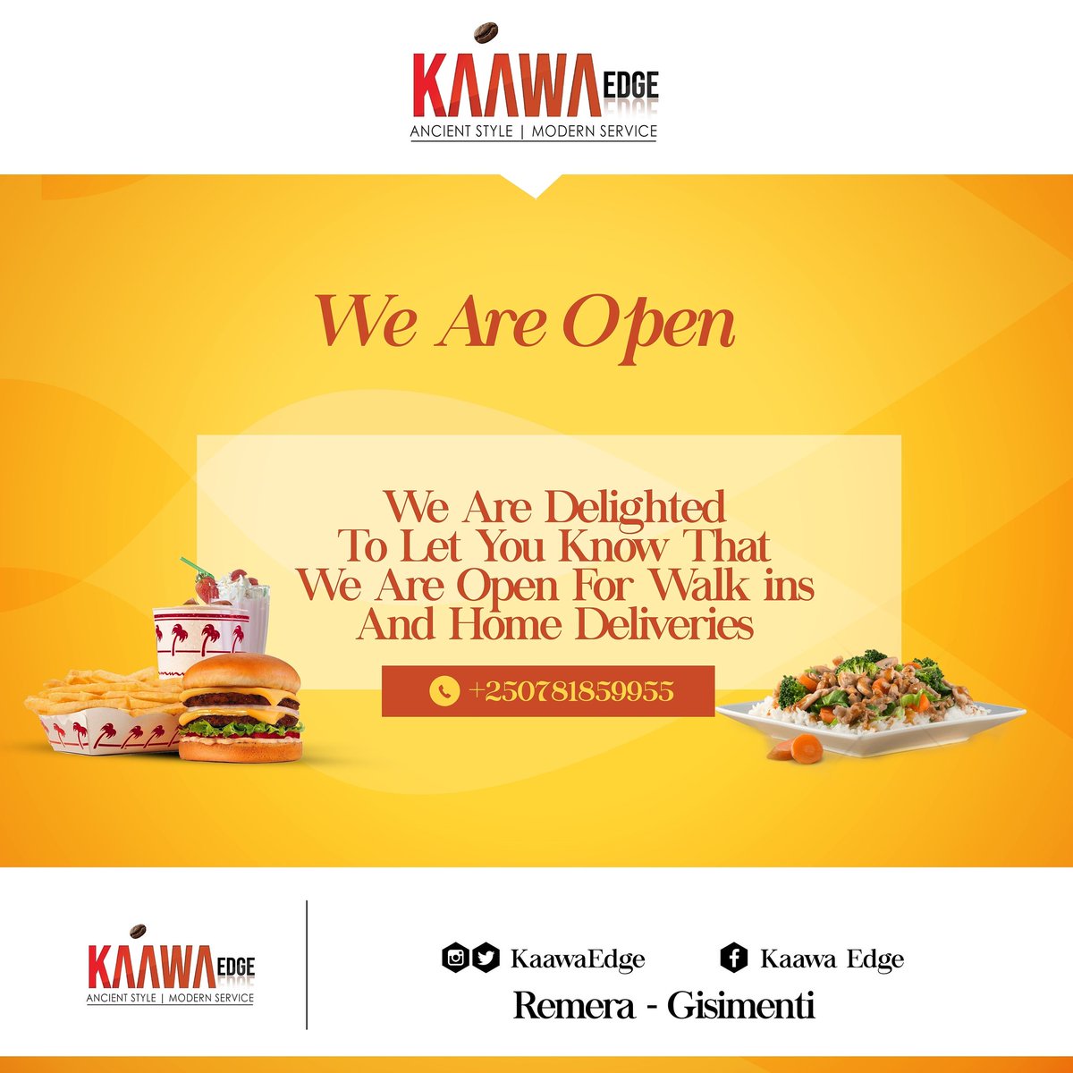 KaawaEdge's tweet photo. #RwOT we are open for eat ins,take aways and deliveries. Come taste our delicacies #goodfood #vintagesetup #modernservice https://t.co/gFOnVdk0up