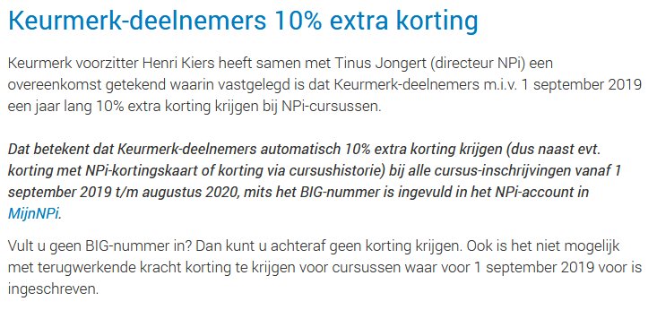 Therapeuten <a href="/KEURMERKFYSIO/">Keurmerk Fysiotherapie</a> ontvangen t/m augustus nog 10% extra korting  (dus naast evt. korting met NPi-kortingskaart of korting via cursushistorie) op grote aanbod #NPi cursussen:

npi.nl/nieuws/318-nie…