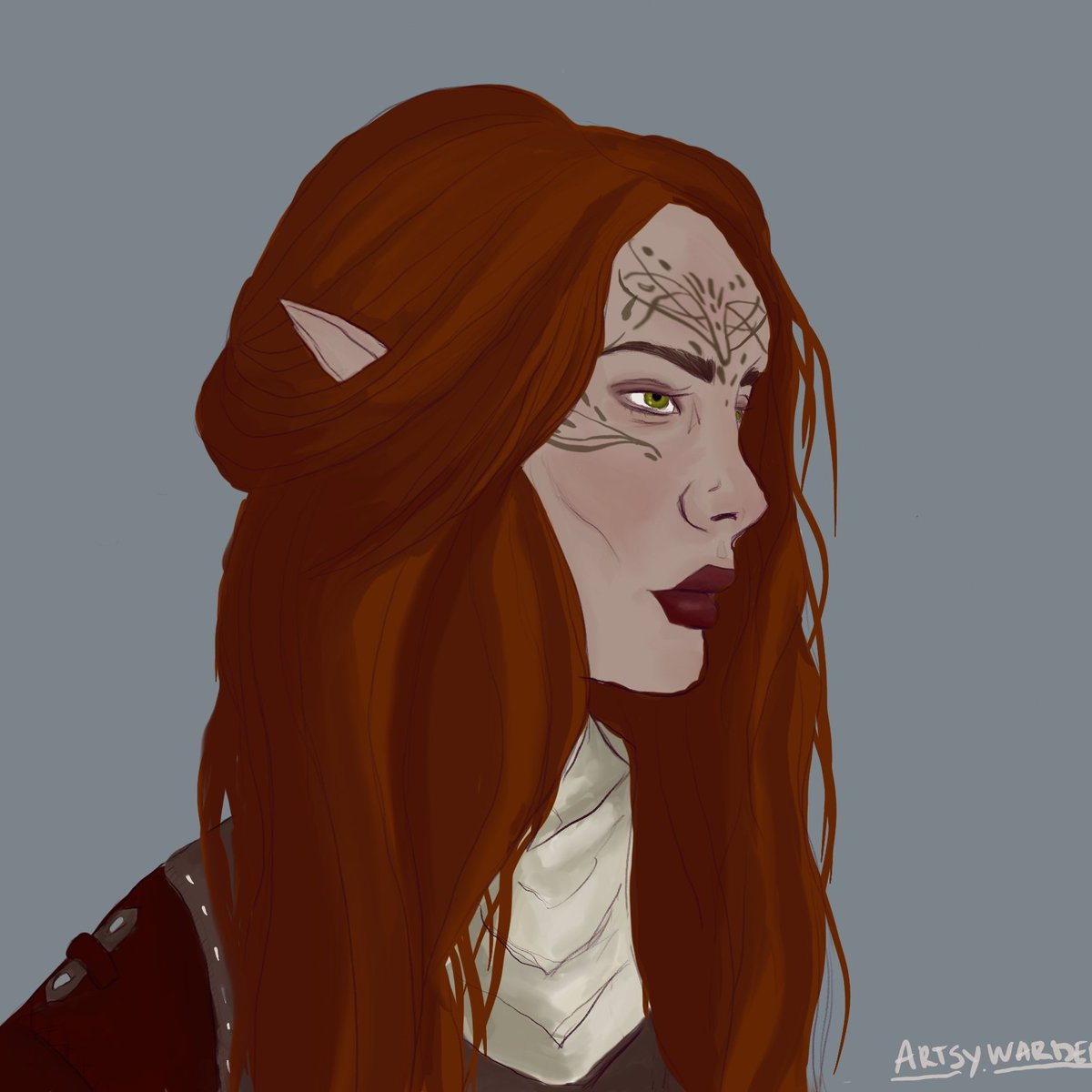 A portrait of my Lavellan by  @WriterHamster, who has just opened commissions and I really love her style 