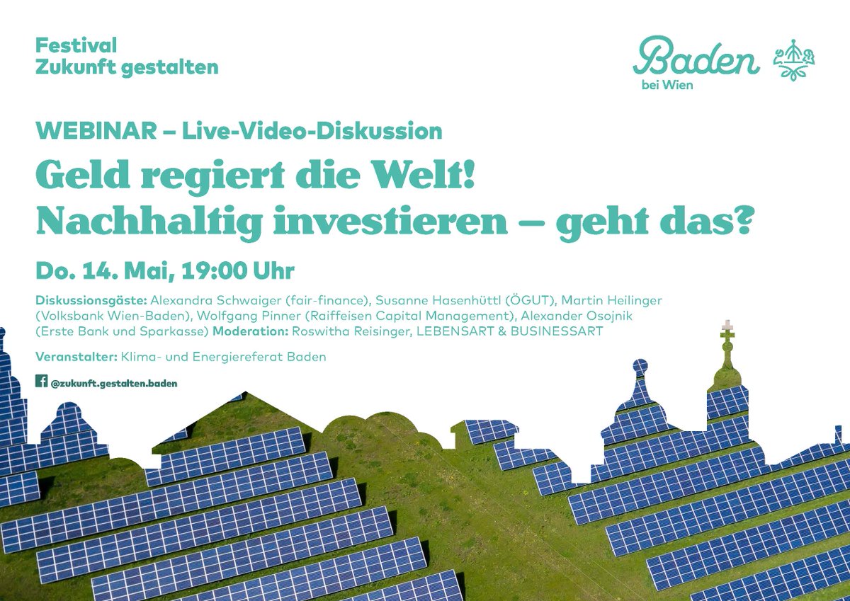 OEGUT's tweet photo. Tipp: Am 14. Mai ab 19 Uhr diskutiert #ÖGUT-Expertin Susanne Hasenhüttl online mit VertreterInnen von Finanzunternehmen über #Nachhaltiges #Investment - Kostenloses Webinar im Rahmen des Festivals „Zukunft gestalten"in Baden bei Wien! Anmeldung: https://t.co/4ixDATsvAy https://t.co/NPFzHn6N2D
