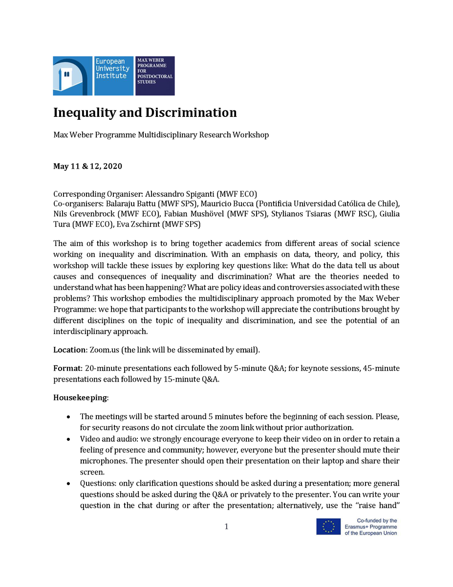 EUI_MWProgramme's tweet photo. 📣May 11&amp;12, #MWP Multidisciplinary Workshop on "Inequality and Discrimination" organised by #MWFellows @Ale_Spiganti, Balaraju Battu, Nils Grevenbrock, @fmushoevel, @StelTsiaras, @eva_zschirnt and #MWAlumni @GiuliaTura and @mebucca will be held online.
👉https://t.co/zpYyQH0vOX https://t.co/HtZmth2osl