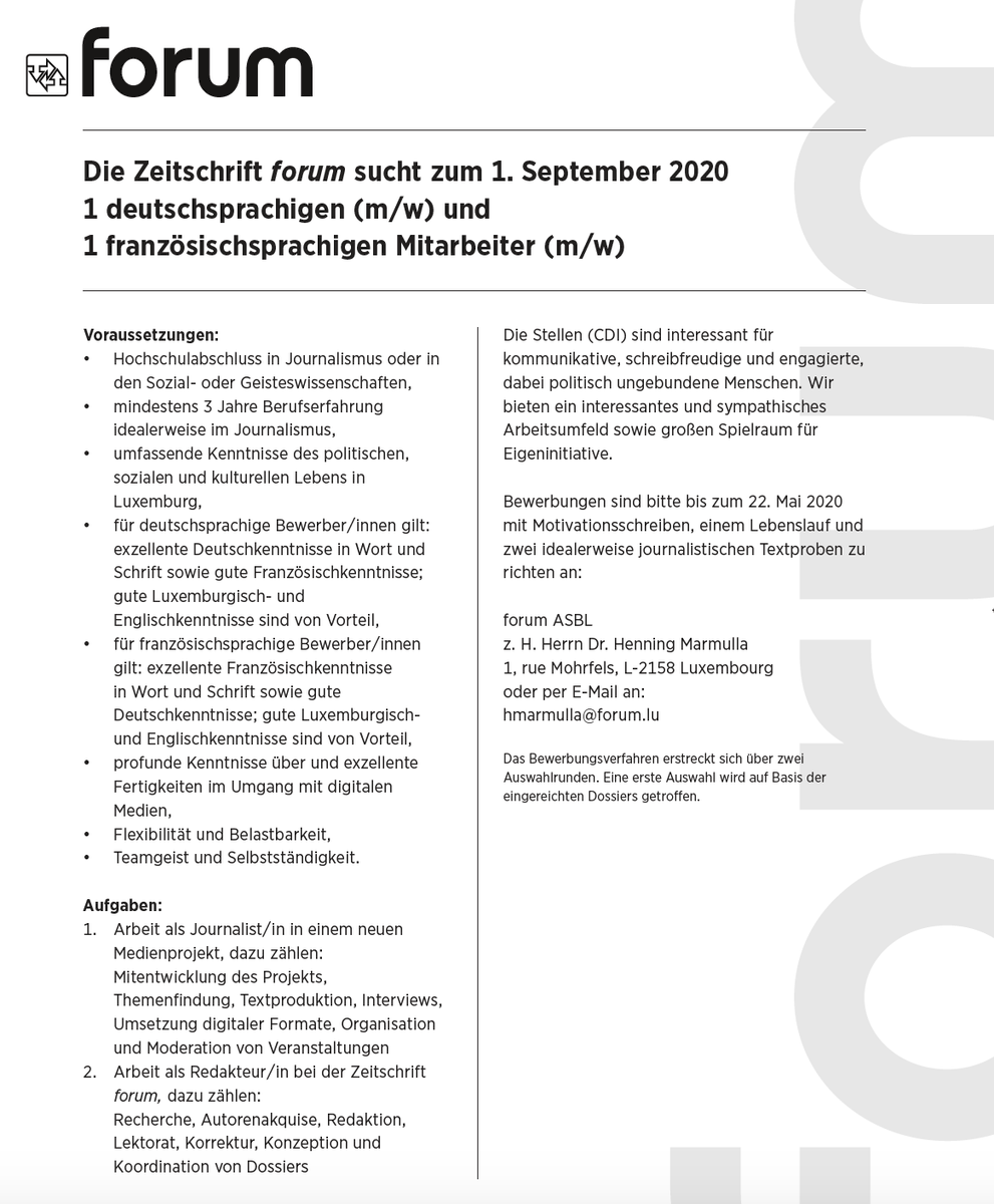 Job alert 🗣️: #forum is hiring a sicht 2 nei Mataarbechter*innen (D + FR). All wichteg Infoen hei ënnendrënner. Dëse Post dierf gär geshared ginn. #JobAlert #hiringnow #newjob #applynow