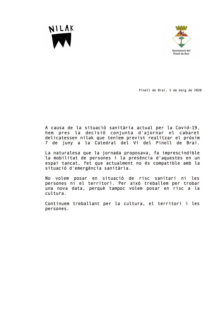 Per la naturalesa de la jornada hem d’ajornar el #cabaretdelicatessen del proper 7 de juny a la Catedral del vi.
Treballem i lluitem per trobar aquesta nova data i gràcies a totes les que ho fèieu possible: @clara_peya, @CircoEia, <a href="/CONLLOGAgrup/">CONLLOGA</a>, @pagosdehibera, <a href="/elpinelldebrai/">El Pinell de Brai</a>...