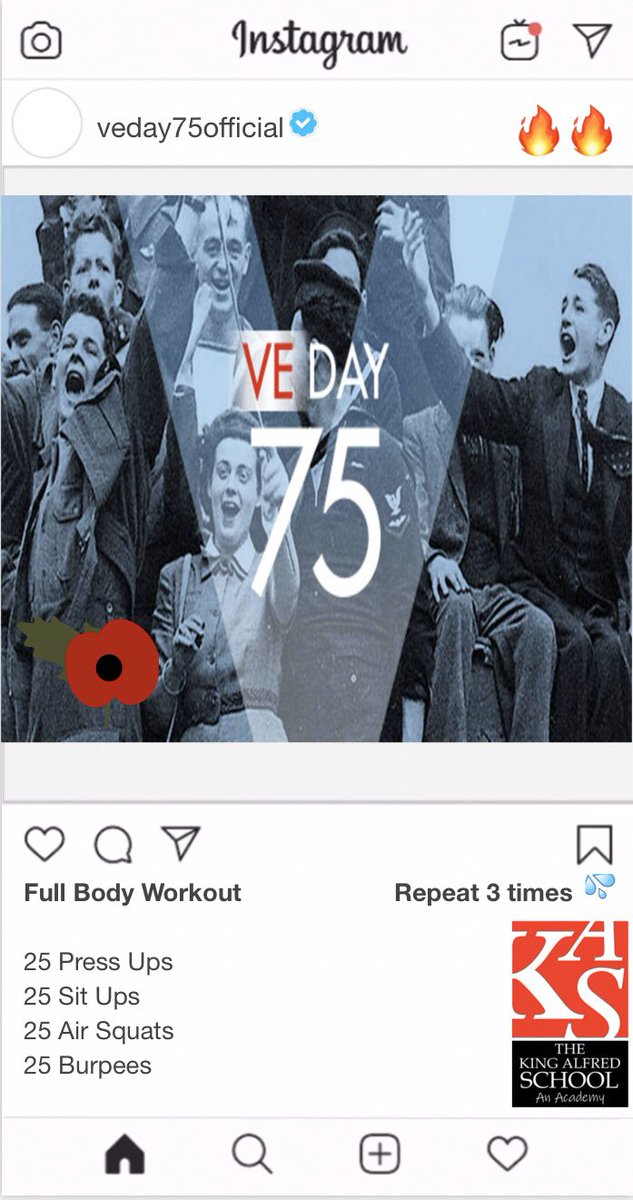TKASA_PE's tweet photo. Day3️⃣5️⃣ of our #HomeSchool #Workout
Today a #VEDay75 tribute @veday75official 

Remember to take video or pictures &amp; tag away on @twitter and @instagram  

Home learning @Classcharts points on offer! #CombatCovid
#CombatBoredom https://t.co/Aj2abME1ig