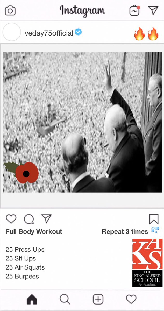 TKASA_PE's tweet photo. Day3️⃣5️⃣ of our #HomeSchool #Workout
Today a #VEDay75 tribute @veday75official 

Remember to take video or pictures &amp; tag away on @twitter and @instagram  

Home learning @Classcharts points on offer! #CombatCovid
#CombatBoredom https://t.co/Aj2abME1ig