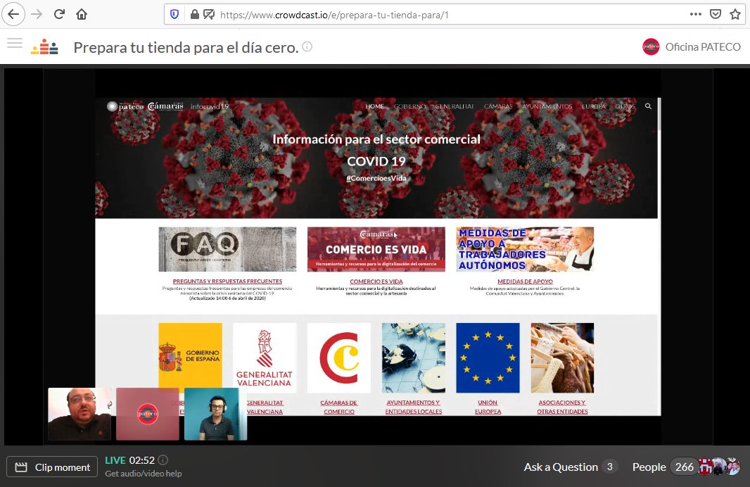 Comenzamos con la presentación del programa #ComercioesVida y de todos los recursos para el #retail y la #artesanía del coordinador de <a href="/OficinaPATECO/">Oficina Pateco</a>, David Forés y <a href="/CelestinoMz/">Celestino Martínez</a>.
#PreparadosparaReabrir