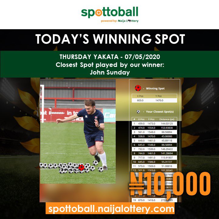 Spottoball1's tweet photo. You could be on the next winning list by clicking the link in the bio to play the game!

Congratulations to our THURSDAY YaKaTa Game 

#spottheball #Spottoball #dreamscometrue✨ #sportnigeria #quarantinelife https://t.co/5yPcqZSMiL