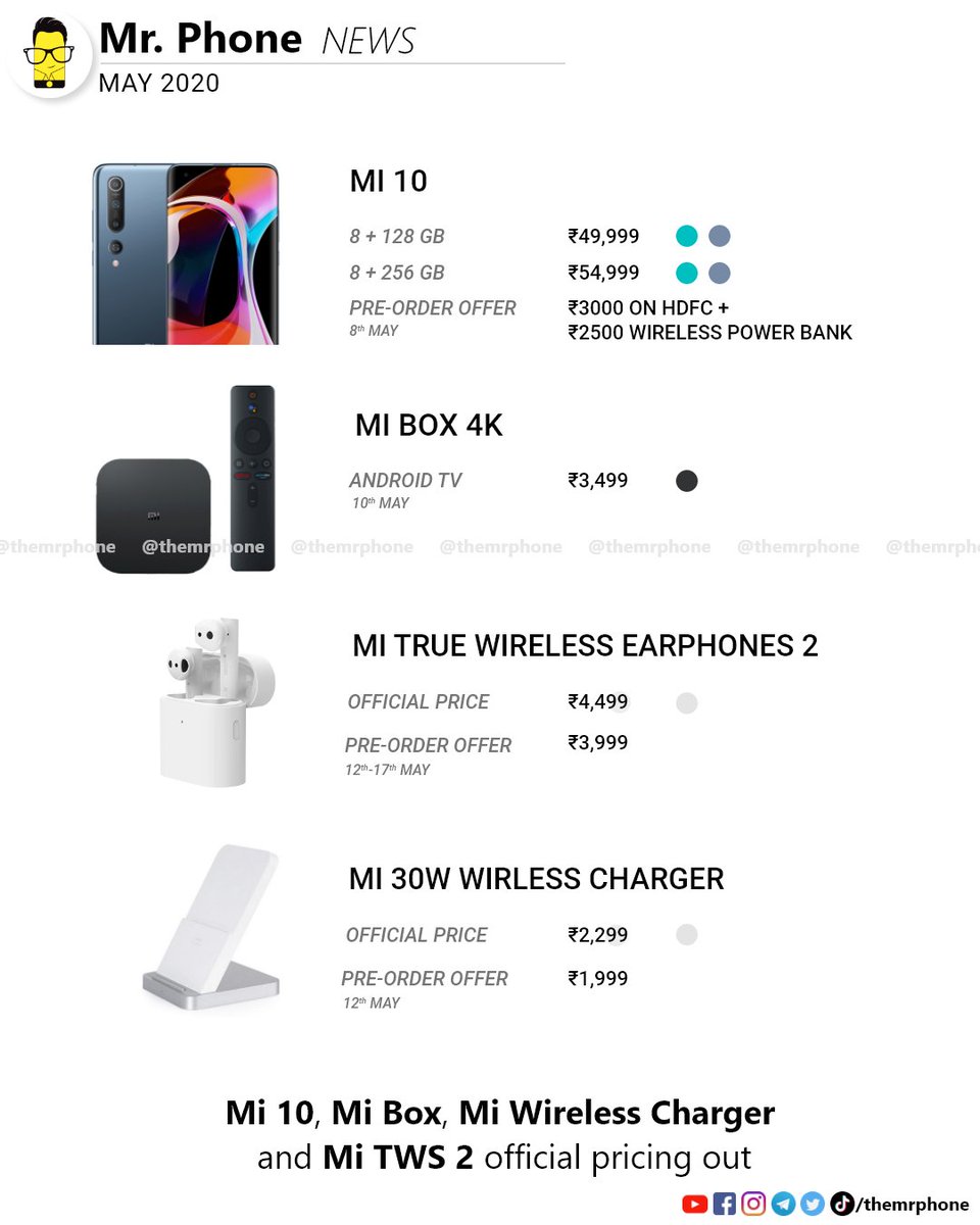 TheMrPhone's tweet photo. What do you think of the official pricing of the latest Xiaomi products?
#Mi105G #MiBox #MiTrueWireless2 #Mi30WWirelessCharger @XiaomiIndia https://t.co/Msiw2jesPH