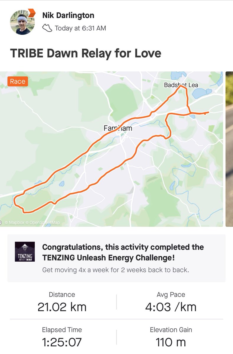 NikDarlington's tweet photo. Legs 3 &amp; 4 done in Tribe Freedom Foundation’s #tribedawnrelayforlove &amp; couldn’t be more pumped! Beautiful light everywhere through Wrecclesham, Bentley &amp; Farnham. Go @VixMason &amp; rest of team Got Bottle! ☀️ #runningtothelight

You can still donate here 👉🏽 https://t.co/QnkeQNh7Uh https://t.co/yZXMU1hObh