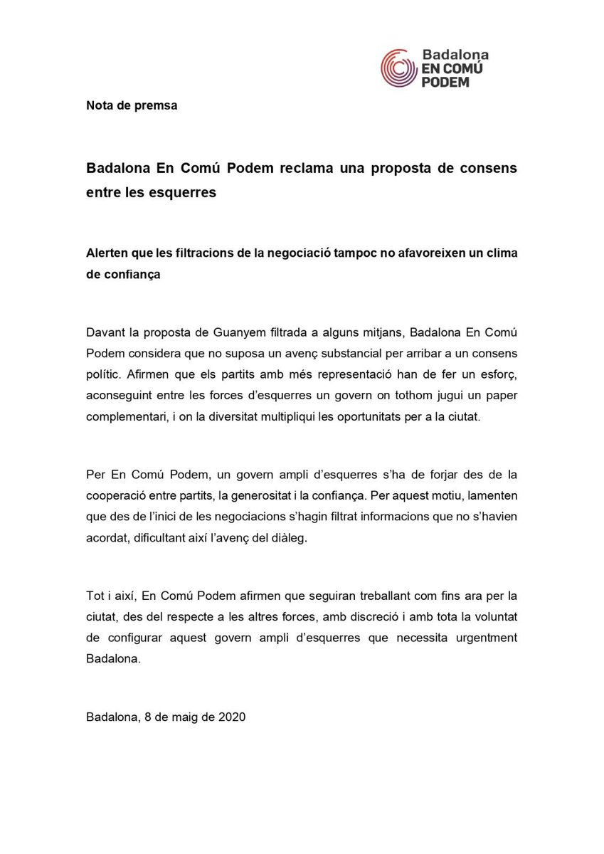 📝 @BdnEnComuPodem reclama una proposta de consens entre les esquerres i alerta que les filtracions de les negociacions no afavoreixen a un clima de confiança.