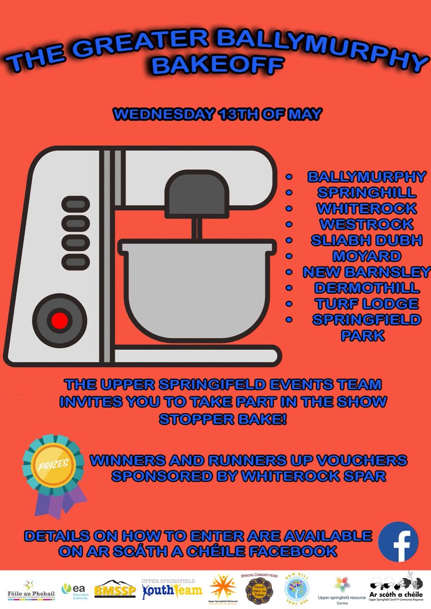 Upper Springfield Development Trust (@usdt2) on Twitter photo BAKE OFF: Channel your inner <a href="/PaulHollywood/">Paul Hollywood</a> or <a href="/missmaryberry/">Mary Berry</a> in The Greater Ballymurphy Bake Off organised by <a href="/ArScath/">Ar scáth a chéile - upper springfield</a>. Details on how to get involved can be found by clicking the link below:
facebook.com/arscathacheile… BAKE OFF: Channel your inner <a href="/PaulHollywood/">Paul Hollywood</a> or <a href="/missmaryberry/">Mary Berry</a> in The Greater Ballymurphy Bake Off organised by <a href="/ArScath/">Ar scáth a chéile - upper springfield</a>. Details on how to get involved can be found by clicking the link below:
facebook.com/arscathacheile…