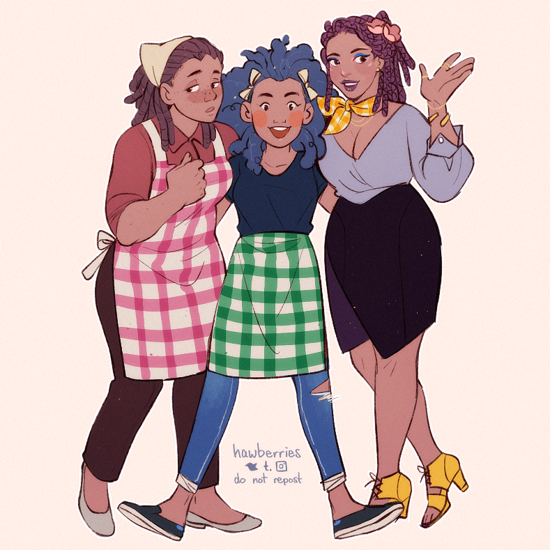 a drawing of sable, mable and labelle as human women. mable is standing between her sisters and holding them with each arm, grinning excitedly. sable is hunching her shoulders shyly, while labelle poses confidently with a jaunty wave.