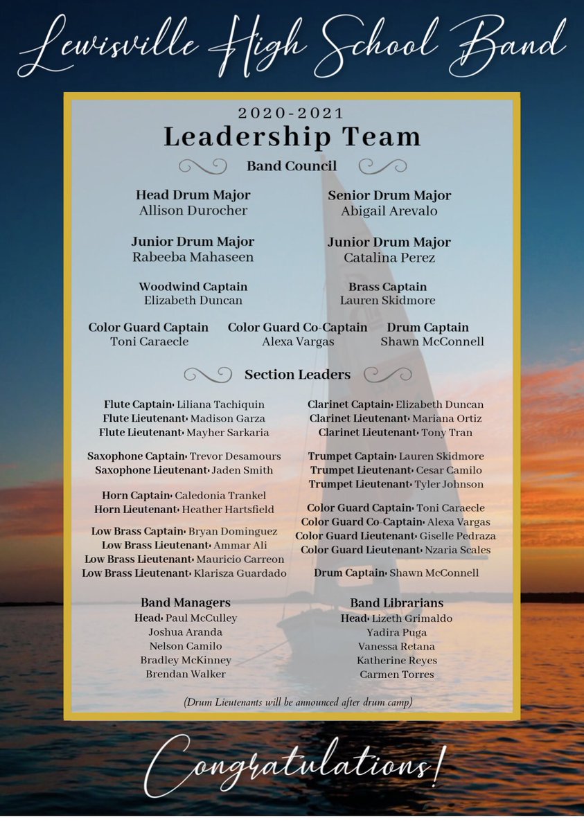 LewisvilleBand's tweet photo. Congratulations to our newly appointed 2020-20121 Band Leadership Team! We are looking forward to a great year!! https://t.co/2E4S0fej1L