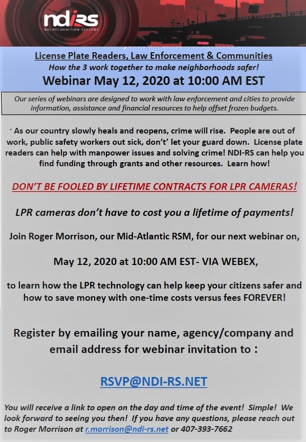 ndirsmedia's tweet photo. Webinar #3 is LEO, LPR and Communities- how we can help you bring the 3 together AND how to fund your license plate readers.  Sign up today!  #LPR #publicsafetywebinar #policetechnology https://t.co/cBVxwXfPj9