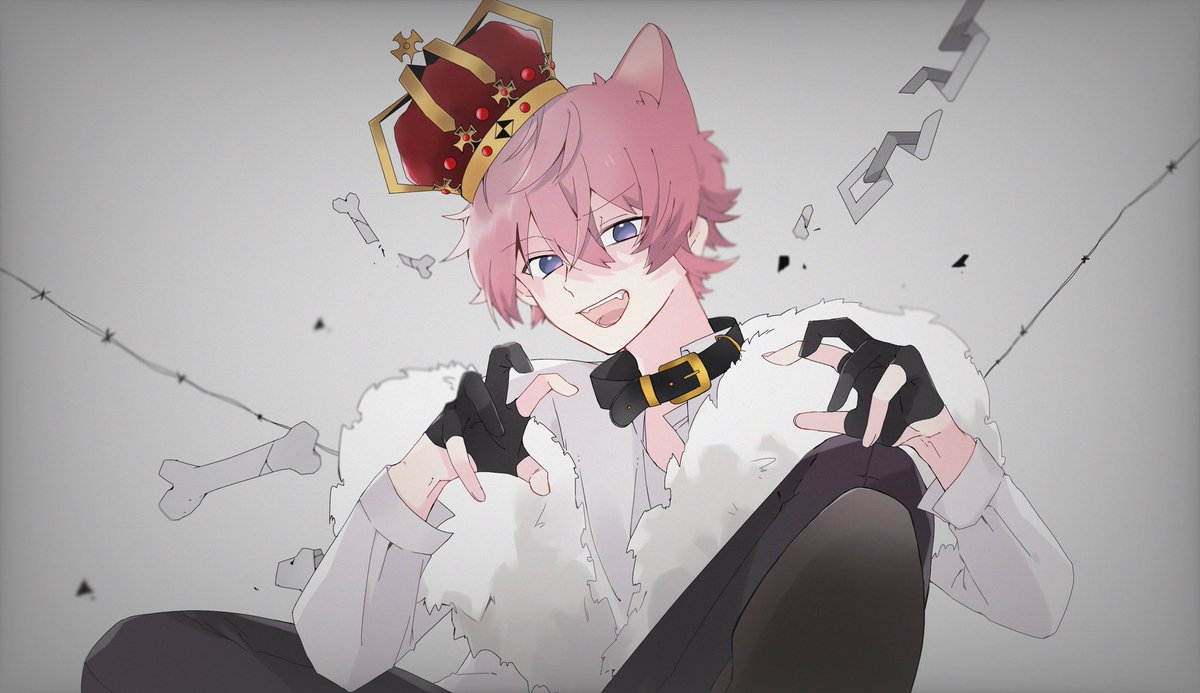 1boy male focus pink hair crown animal ears solo gloves  illustration images