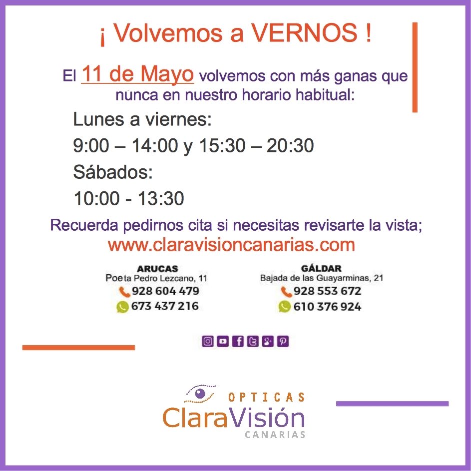 ClaraVisionCan's tweet photo. ¡Volvemos a vernos! 
Ópticas ClaraVisión Canarias vuelve con más fuerza que nunca. Volvemos con novedades y promociones especiales para tí🔝.
¡Estamos deseando volver a verte en ClaraVisión👏🏻! https://t.co/o2TYL93nYW