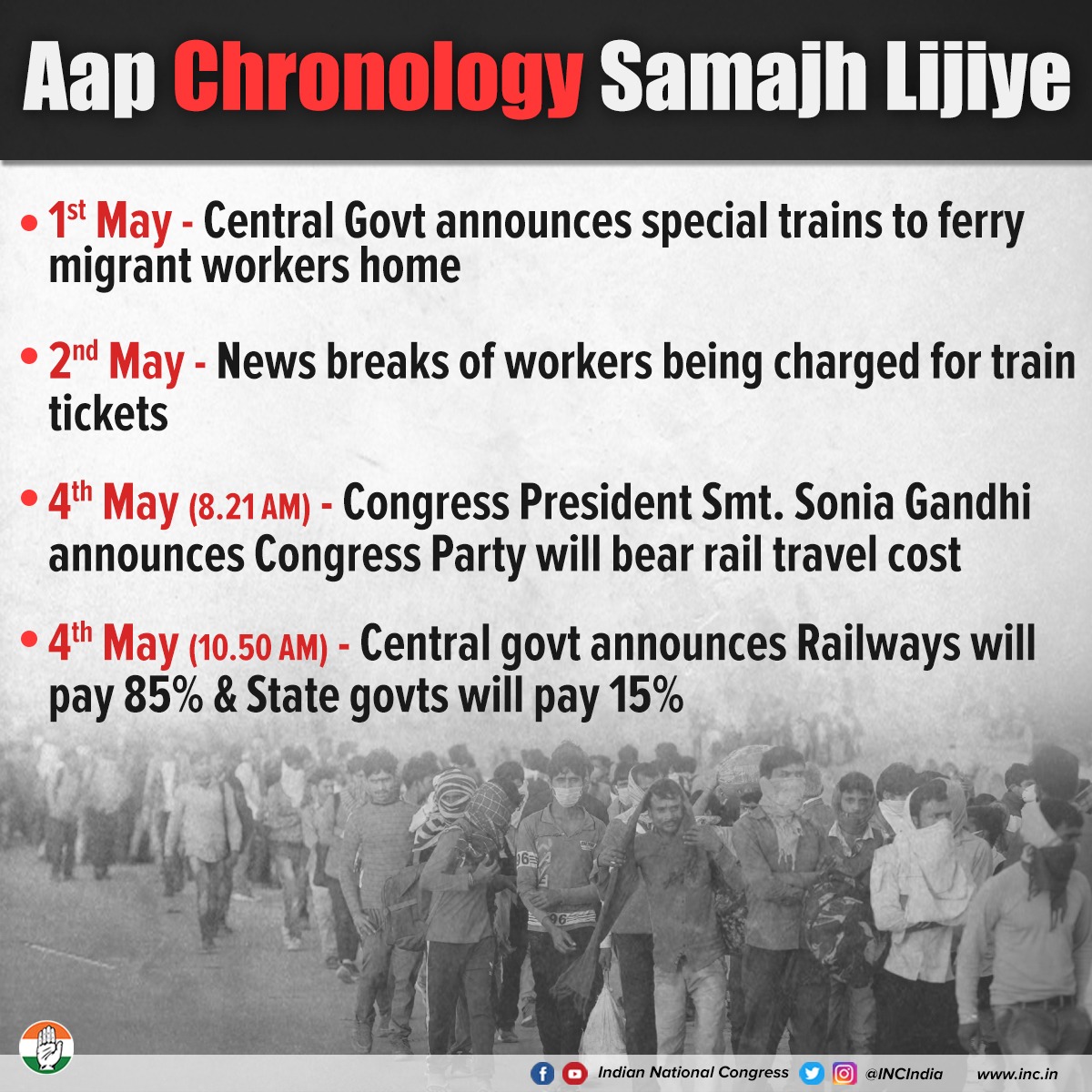 INCIndia's tweet photo. Not only did the Govt fail in its duty to ensure workers reach home safely but also insulted their dignity by denying them financial help and food and then charging them for train tickets.

#मोदी_माफी_मांगो https://t.co/8JLREG0WGh