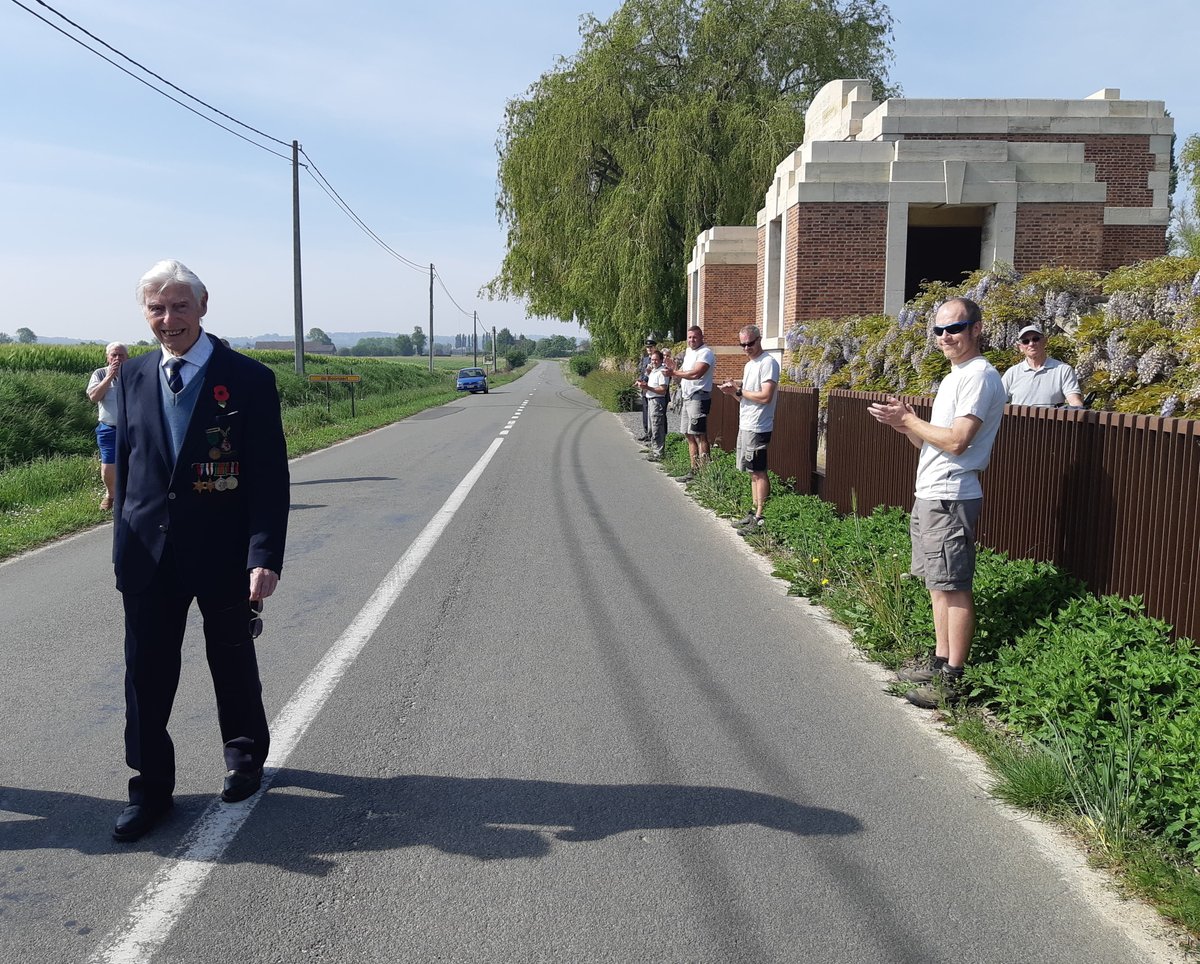 CWGC's tweet photo. Congratulations to 98-year-old former @CWGC gardener @GeorgeSutherl who today completed a charity walk from his former workplace of Lijssenthoek Military Cemetery to @TalbotHousTubby. As he left the cemetery he was given a CWGC guard of honour. #VEDay #VEDay75 #WalkWithGeorge https://t.co/4L3IWTJbmX