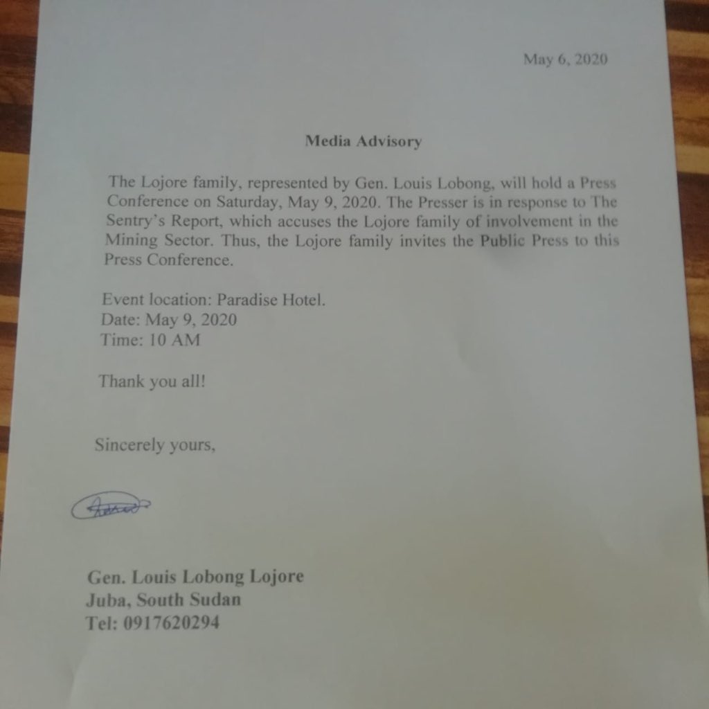 Gen. Louise Lobong, Fmr. Gov of Defunct Kapoeta State Holds a Presser to Respond to Sentry Report About His Alleged Dealings in the Mining Industry <a href="/SSOT_tweets/">South Sudan</a> <a href="/SouthSudan/">Naomi Pendle</a>  <a href="/TheSentry_Org/">The Sentry</a> <a href="/VOASouthSudan/">South Sudan In Focus</a> <a href="/RadioTamazuj/">Radio Tamazuj</a> <a href="/RadioMiraya/">Radio Miraya</a> <a href="/BBCAfrica/">BBC News Africa</a> <a href="/EyeRadioJuba/">Eye Radio</a> @USMissionJuba