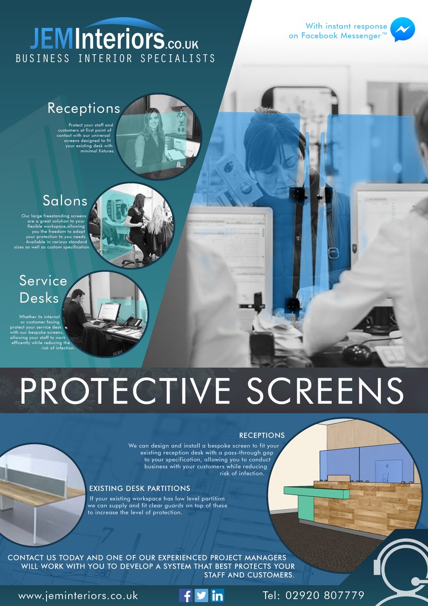 JEM_Interiors's tweet photo. We can now offer our clients protective screens to allow both staff and customers to return to trade with increased protection against infection. #cardiff #southwales #covid19 #protectivescreens #office https://t.co/3l7Bq2cTnl