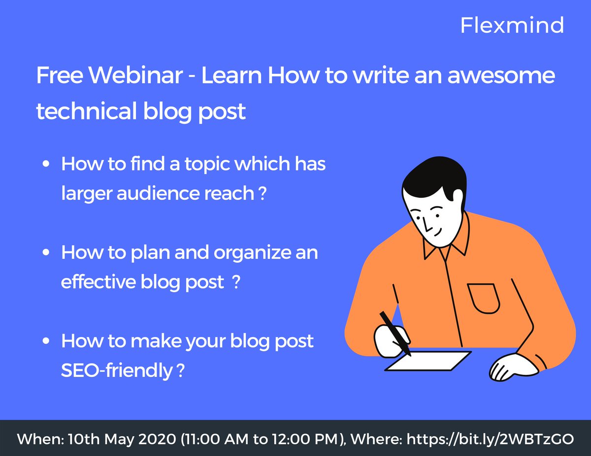 Flexmind_co's tweet photo. Attend a free webinar to understand how to write an awesome technical blog post. Register now: https://t.co/CbOK42LkfX
#bloggers #technicalwriter #blogging #bloggingtips #cloudcomputing #businesswriting #seotips #beablogger #onlinelearning #selfpaced #flexmind #webinar https://t.co/9krPe8FRse
