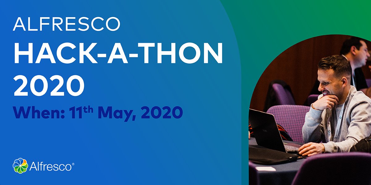 Alfresco's tweet photo. Alfresco Virtual Global Hack-a-thon, May 11, 2020.
Register your project ideas at https://t.co/9vSWGdQN0B #alfresco #hackathon https://t.co/uJhSVCllAd
