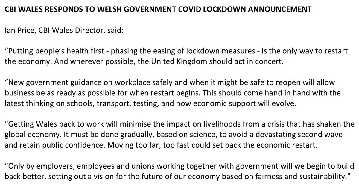 CBI welcomes the @fmwales statement on lockdown. Putting people’s health first - phasing the easing of lockdown measures - is the only way to restart the economy. And wherever possible, the United Kingdom should act in concert. <a href="/WelshGovernment/">Welsh Government</a> <a href="/KenSkatesMS/">Ken Skates</a> #Wales #lockdown