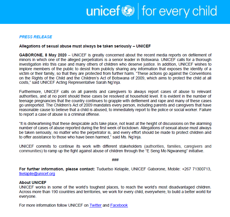 UNICEFBotswana's tweet photo. 📢Allegations of sexual abuse must always be taken seriously. 

Read our press release below 👇 https://t.co/CgkwTOAHSr