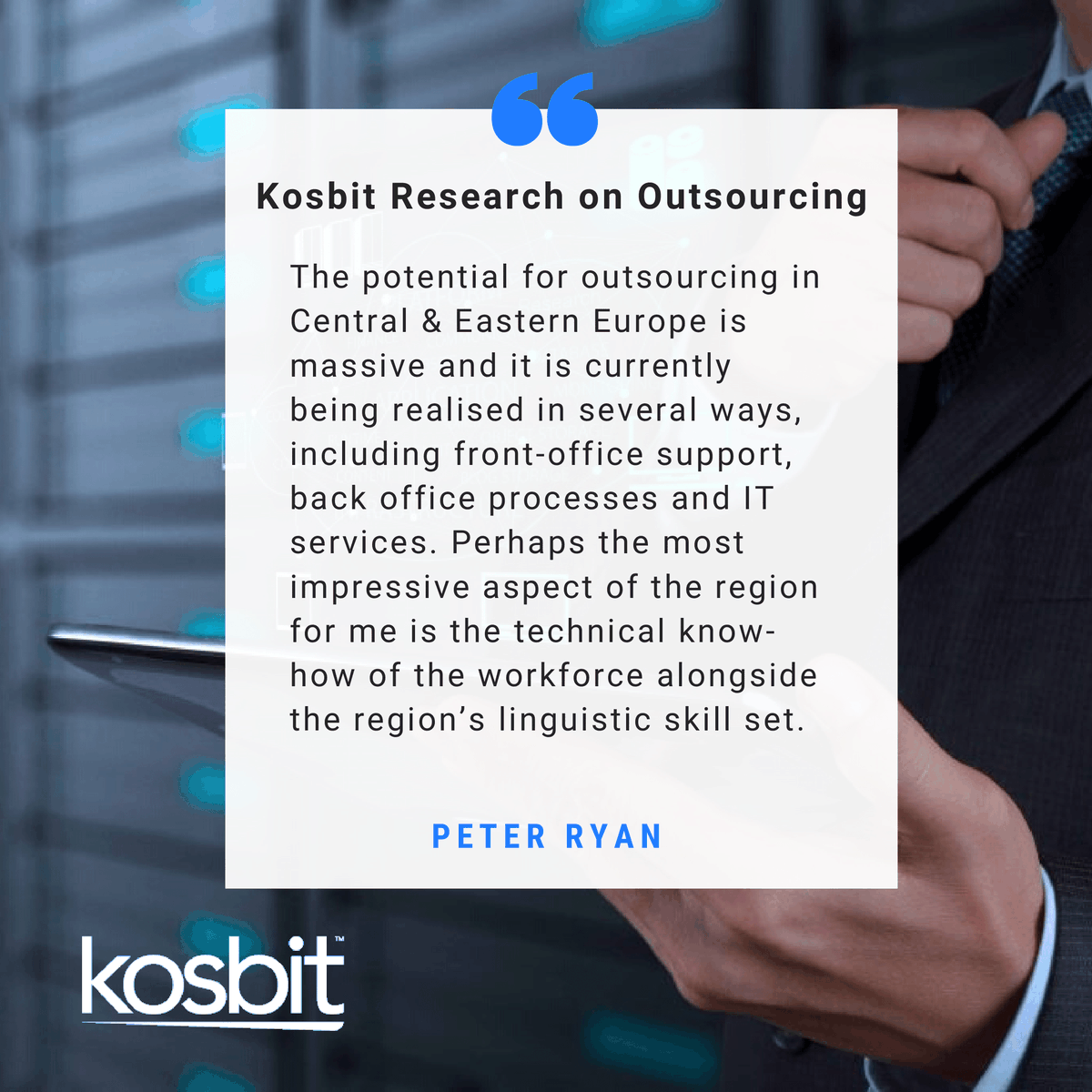 kosbitLLC's tweet photo. The study conducted by Kosbit reveals the opinions of 20 industry experts on Outsourcing potential in Eastern Europe.

#1 Peter Ryan - BPO Advisor

#kosbit #research #outsourcing #bpo #managedservices #IT #kosovo https://t.co/60lKgzIufQ