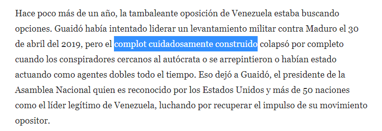 This painfully long and not particularly well-written story to justify the saintly opposition was desperate and had to find other ways to oust the government is great. They call the pathetic bridge coup a "carefully built plot". lol.  https://www.washingtonpost.com/world/2020/05/07/de-miami-venezuela-fall-el-plan-de-capturar-maduro/?_gl=1%2A1qjj9pj%2A_ga%2ANWRfOUFScDJmMC14LUVycm1SUW5qUFY4c2QySVFZRm9DSWU0QUdXRFlLcVluVmhJRHhvaFZlOVdkenY0bjA1Nw&fbclid=IwAR3tuc3xPPsDU6jBN4njOc1k2Ae9m7-ORGyrSXCozcp2aAqpZ5_vUPwEn6c