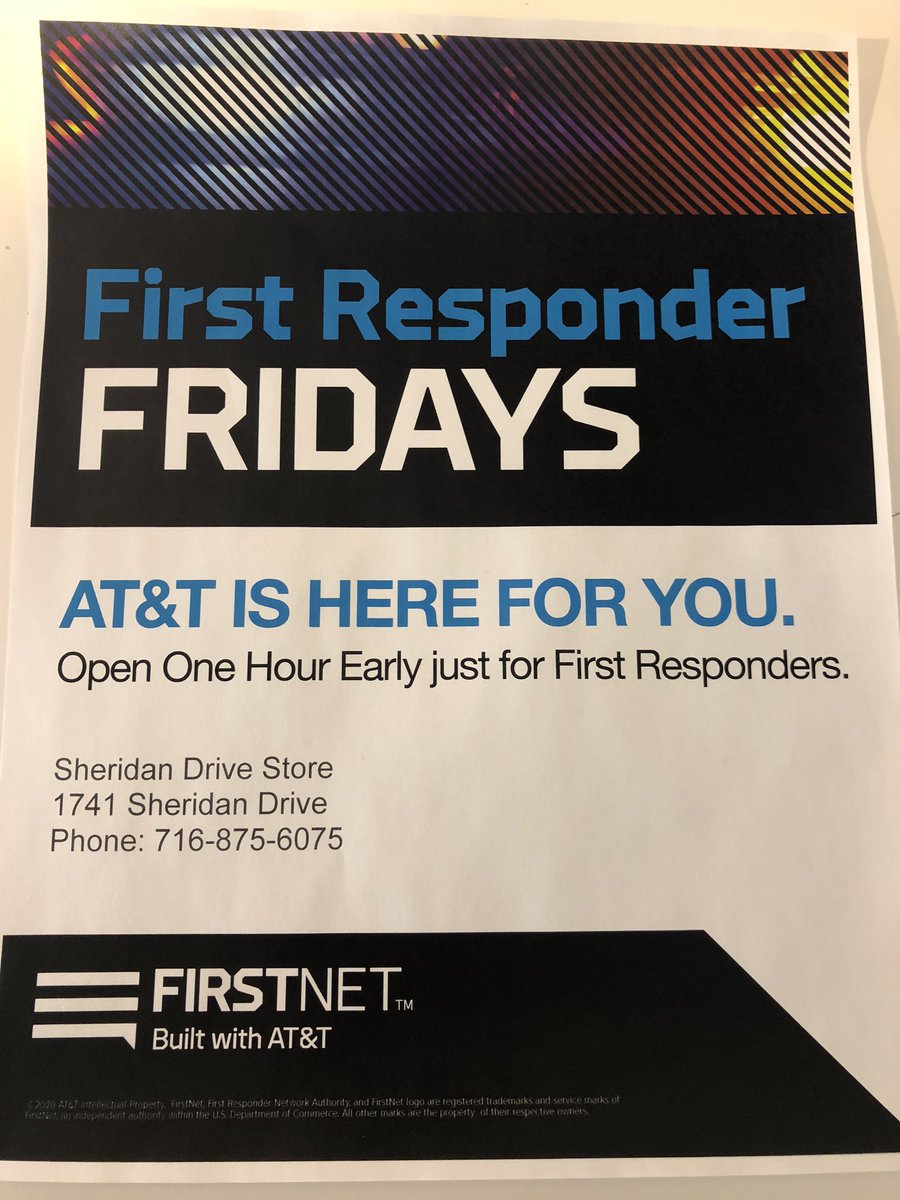 First Responder Fridays.  Excited to be open 1 hour early now on Fridays to take care of our First Responders.  Thank you for all you do! <a href="/DennisJFosterJR/">Dennis Foster</a> <a href="/DFraser0107/">Don Fraser</a> @oliveiramikeO <a href="/TonyD_ATT/">Tony Doran</a> <a href="/Dhali_Ahmed/">Ahmed Dhali</a> <a href="/CamisBUFF/">Cameron</a>
