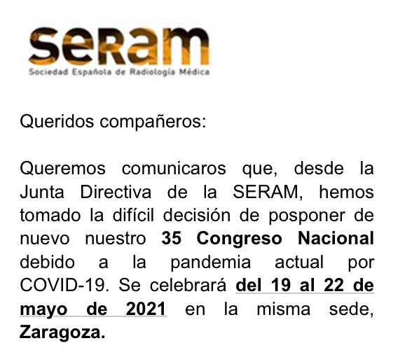 SRadiologiaCV's tweet photo. 👉🏻¡Se pospone el congreso de SERAM a 19-22 de mayo 2021! 👈🏻 @residentesSERAM @SEICAT_RAD @SENR_org @sediabdomen @SERAUWeb @SERVEISoc @SEDIM_RX @MskSerme @SERAM_RX https://t.co/rSASFLoToZ