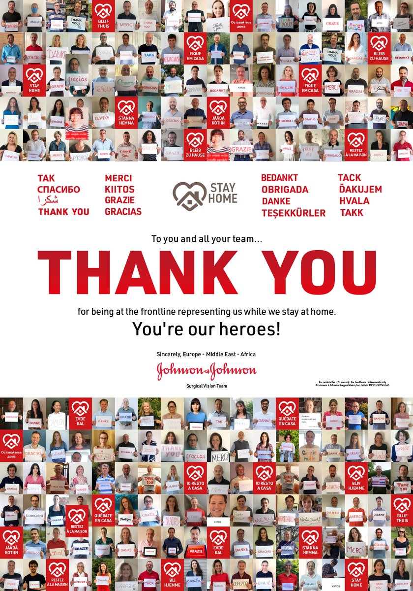 JNJVISIONEMEA's tweet photo. 𝗧𝗛𝗔𝗡𝗞 𝗬𝗢𝗨!  
To all physicians, nurses, opticians and the medical community in Europe, Middle East and Africa. For being at the frontline representing us while we stay at home.
Sincerely, your JnJ Vision Surgical EMEA team!
#JNJVISIONEMEA #JNJVISION #JNJVISIONSURGICAL https://t.co/j9vfOVtvzl