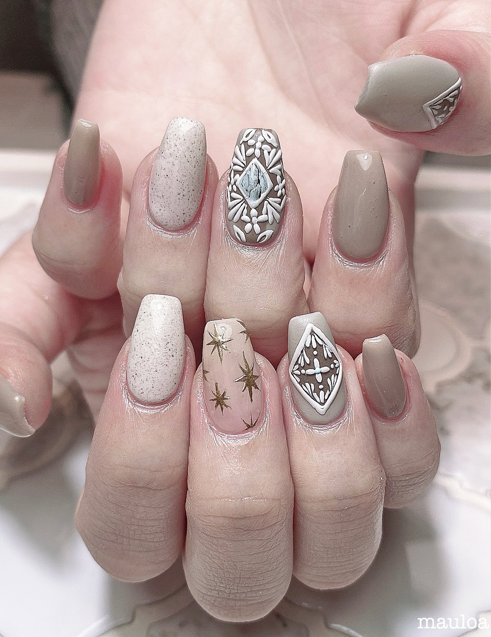Mauloa Ar Twitter ネイル ネイルデザイン グレージュネイル ターコイズ アートネイル 春ネイル 月ネイル デザインチップ 夏ネイル Naildesign ミラーネイル Mananails くすみカラーネイル Nail 大理石ネイル サンドジェルネイル 天然石 タイル柄 ネイル 美甲