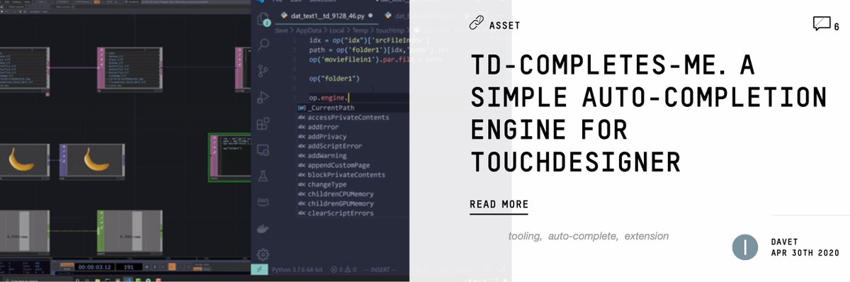 1null1's tweet photo. TD-Completes-Me is an amazing auto-completion engine for DAT editing in VS Code!

If you do lots of scripting and python in TouchDesigner, do yourself a favour and check this tool out!

#autocomplete #extension #vscode #scripting #TouchDesigner

https://t.co/rNTSV1xENm https://t.co/lZyMFVnJE7