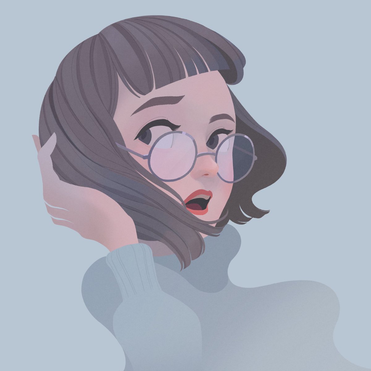 1girl solo glasses short hair simple background bangs sweater  illustration images