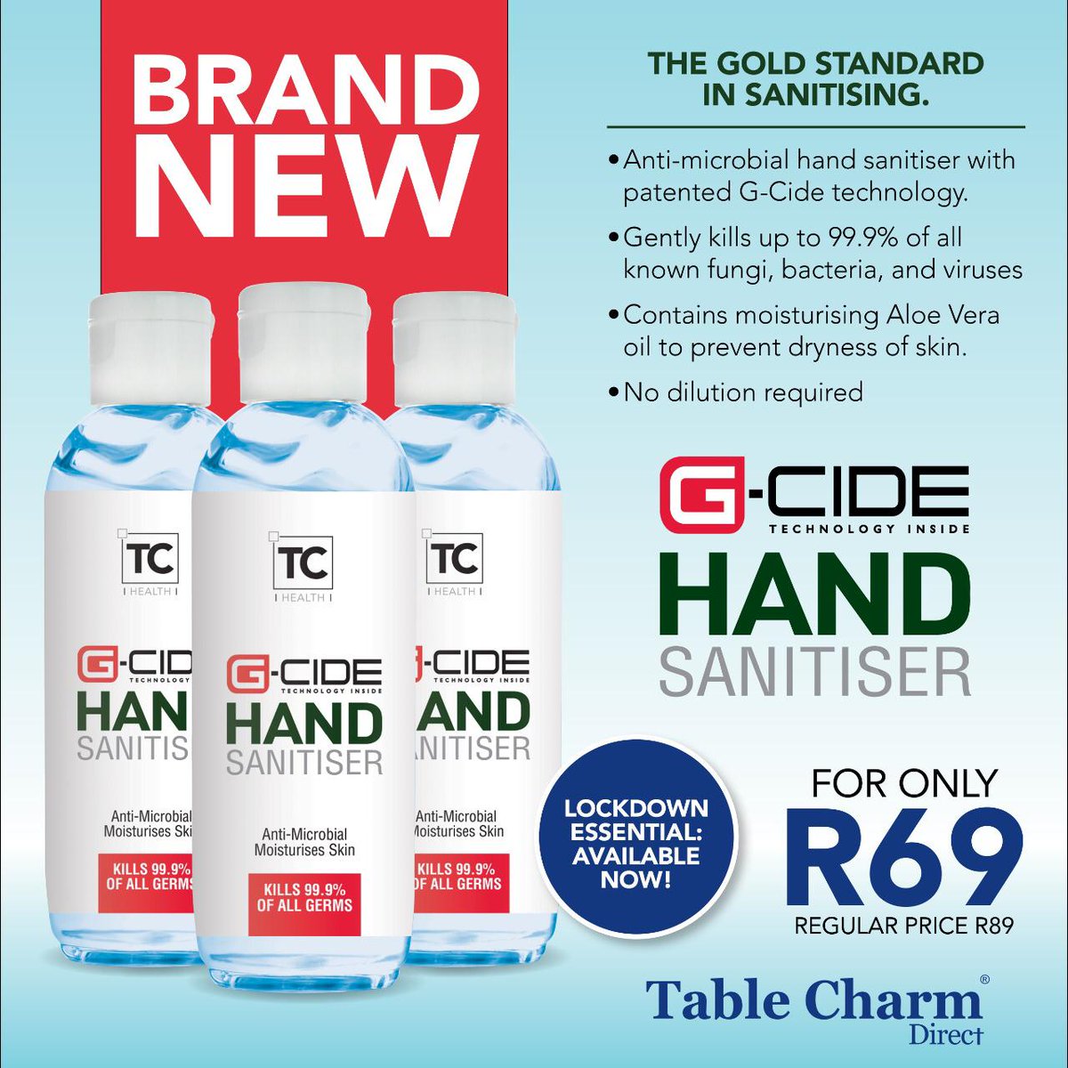 TableCharmSA's tweet photo. Clean hands protect against infection. Now it's even easier than ever to keep your hands clean with our G-Cide Hand Sanitiser. Get yours now for the SPECIAL price of R69! Stay home, stay safe and stay positive #StayHomeWithTCDirect #Coronavirus https://t.co/Ftc2v1HeXC