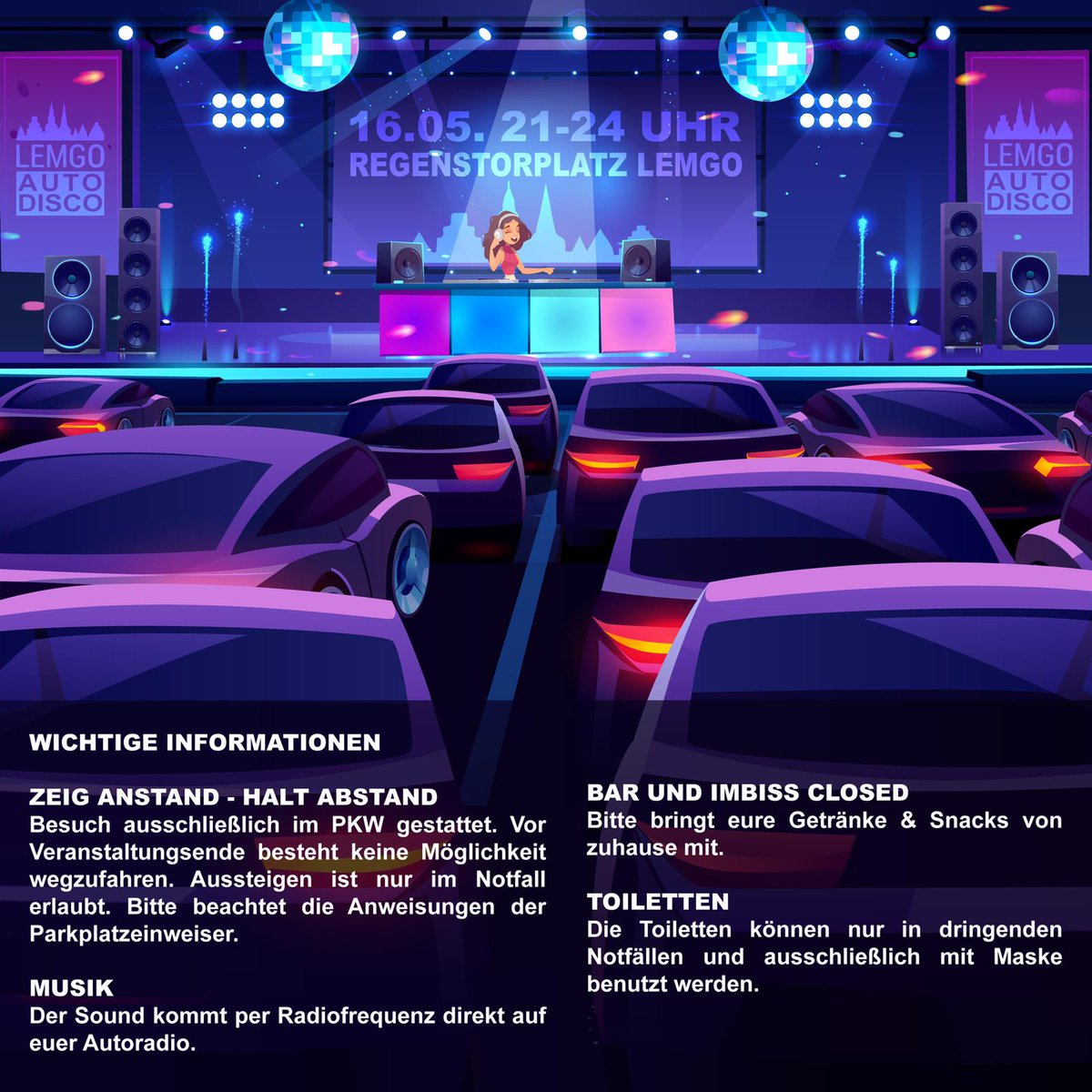 ClubLemgo's tweet image. Am 16.5 wird in #lemgo die erste #Autodisco stattfinden. 
Wir sind natürlich mit dabei. 

Musikrichtung:#charts #hiphop &amp;amp; #housemusic 

Eine Karte pro #Auto (2 Personen) kostet 20€
Tickets unter: Ticketticker.de