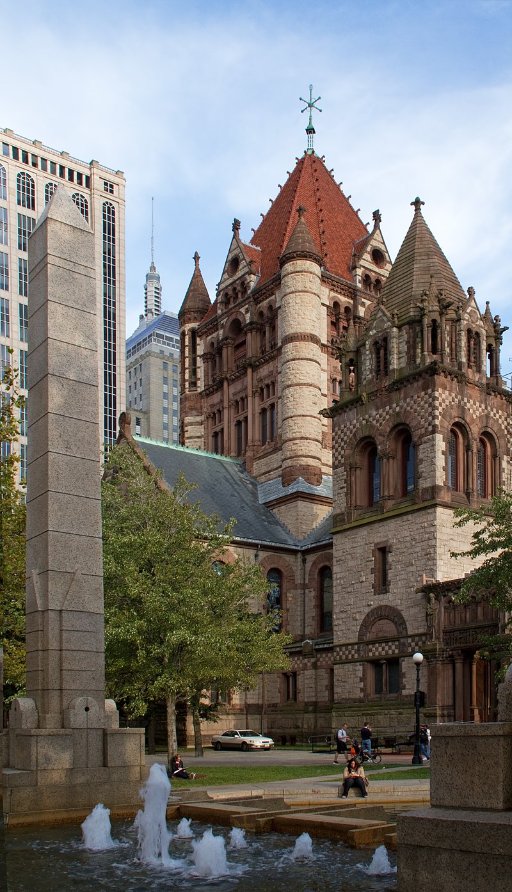 and this one, Trinity Church, of 1877, which is widely considered Richardson's masterpiece, an immense, foursquare, vaguely Byzantine monster with incredible detailing, including glass by Morris and Burne-Jones