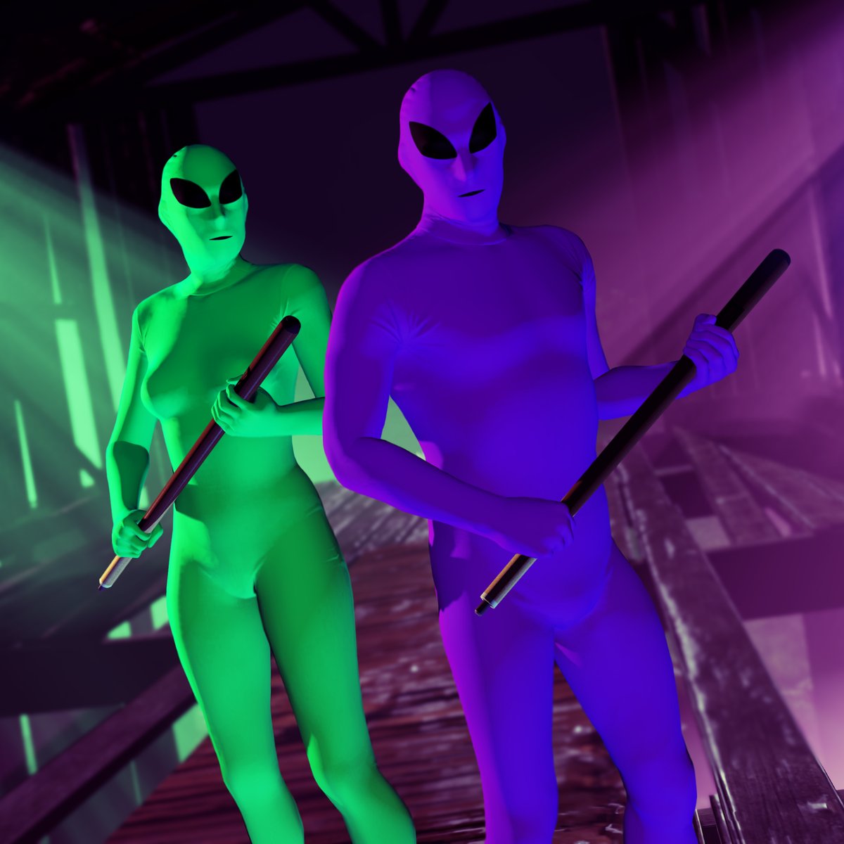 RockstarGames's tweet photo. Green and Purple Martian Bodysuits are free in GTA Online all week long. 
 
Grab yours and join the fight - available from any clothing store by going to Outfits: Arena War > Bodysuits.
 
Plus pick up a Pool Cue from Ammu-Nation for free until May 13. https://t.co/PUkUYB3B3g
