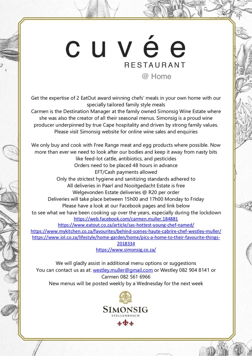 pickmeNOW111's tweet photo. Hi All
Please support!
Cuvée Restaurant @ Home Delivery now in Stellenbosch and Paarl area. #deliverymenu #homecooking #delivery @westleymuller https://t.co/Hq3oLKJXFI