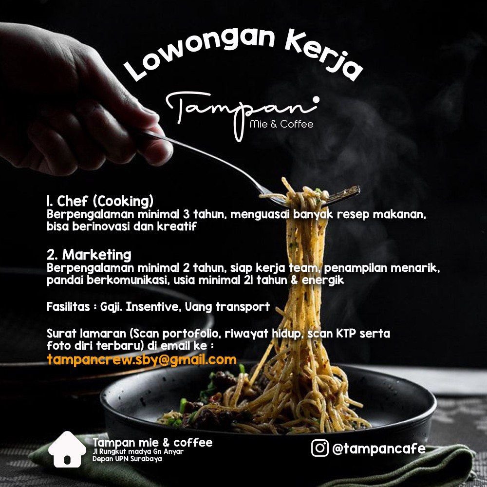tampancafe's tweet photo. LOWONGAN PEKERJAAN

1. Chef (cooking)
Berpengalaman minimal 3 tahun, menguasai banyak resep makanan, bisa berinovasi dan kreatif

2. Marketing
Berpengalaman minimal 2 tahun, siap kerja team, penampilan menarik, pandai berkomunikasi, usia minimal 21 dan energic https://t.co/DNSdW7eGVC