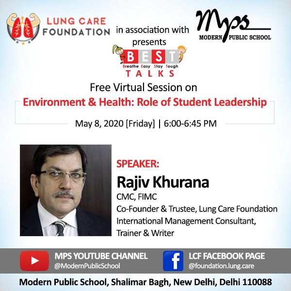 mpsshbagh's tweet image. Link to join - bit.ly/3eL0HsL
MPS, in association with #LungCareFoundation, presents #BESTTALKS, a free virtual session on 'Environment &amp;amp; Health: Role of Student Leadership' today on May 8, 2020, at 6 pm. 

#Webinar @cbseindia29 @HRDMinistry #Health #StudentLeadership