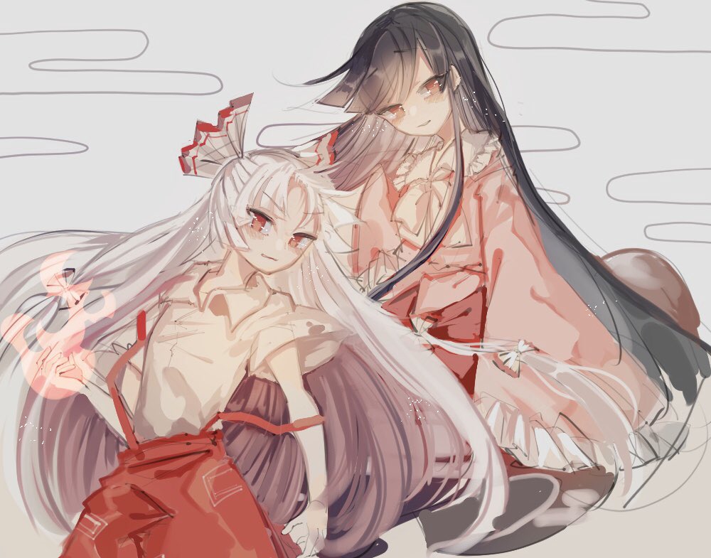 fujiwara no mokou ,houraisan kaguya multiple girls 2girls long hair black hair shirt red eyes white hair  illustration images