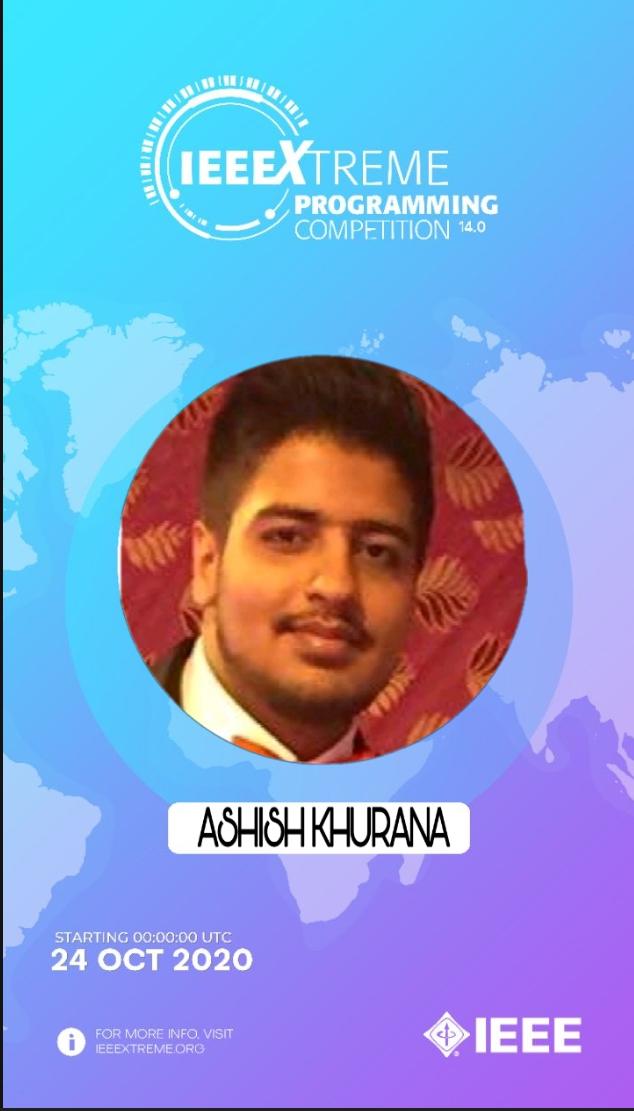 AmityEnggAdm's tweet photo. Heartiest Congratulation to our student of B Tech CSE, 3rd Year 2017- 21 Batch, Mr. Ashish Khurana
  on becoming the Ambassador for #IEEEXTREME14.
Whole fraternity of Amity University Greater Noida is proud of you #Ashish. @gnamity  @AmityUni https://t.co/17qw8aIdVy