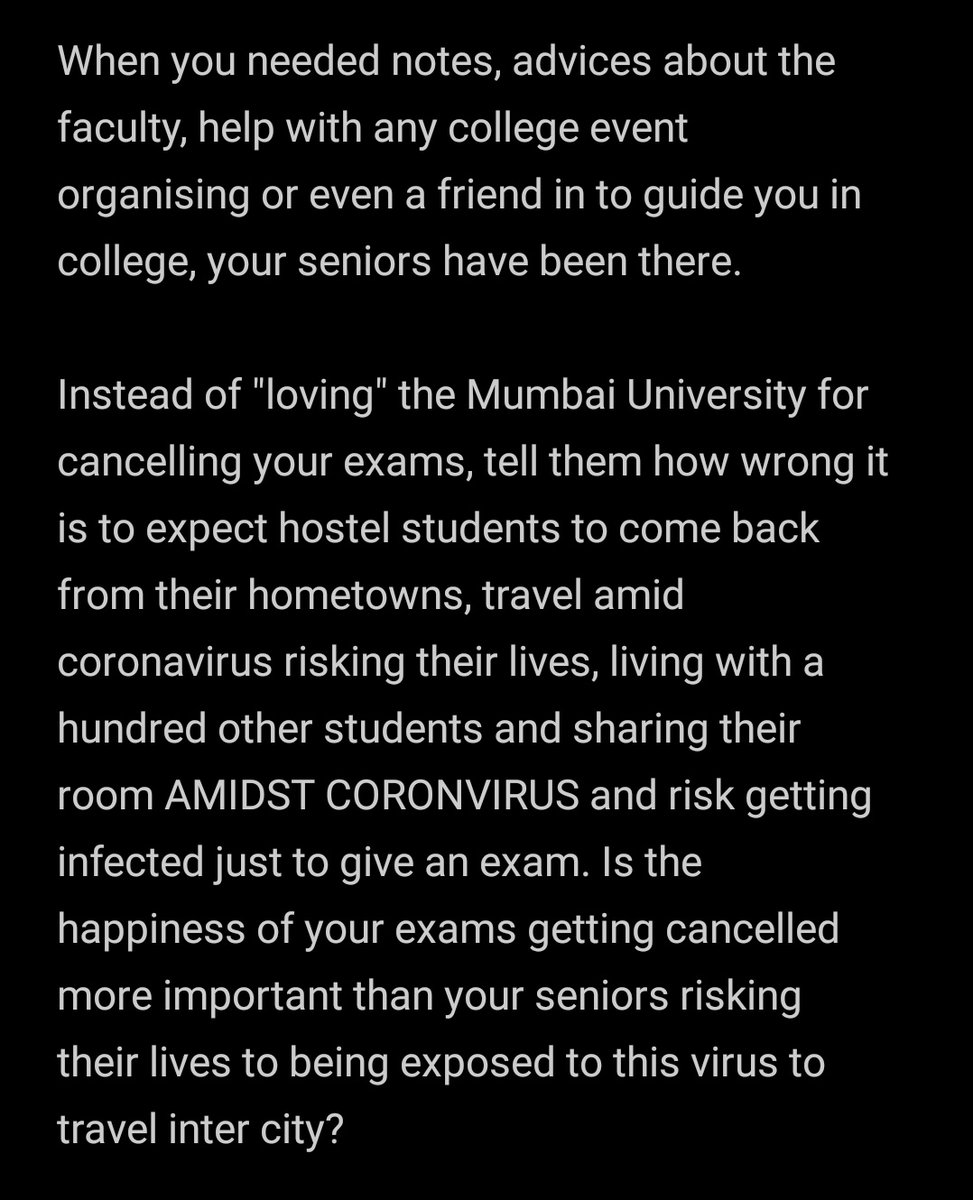 marmika_20's tweet photo. It is sad that there are some students who do not understand the intensity of @Uni_Mumbai 's decision and the impact it will have on the final year students. Loving #MumbaiUniversity for cancelling exams does not allow MU to play with our futures. 
@CMOMaharashtra https://t.co/IQ73xexxPF