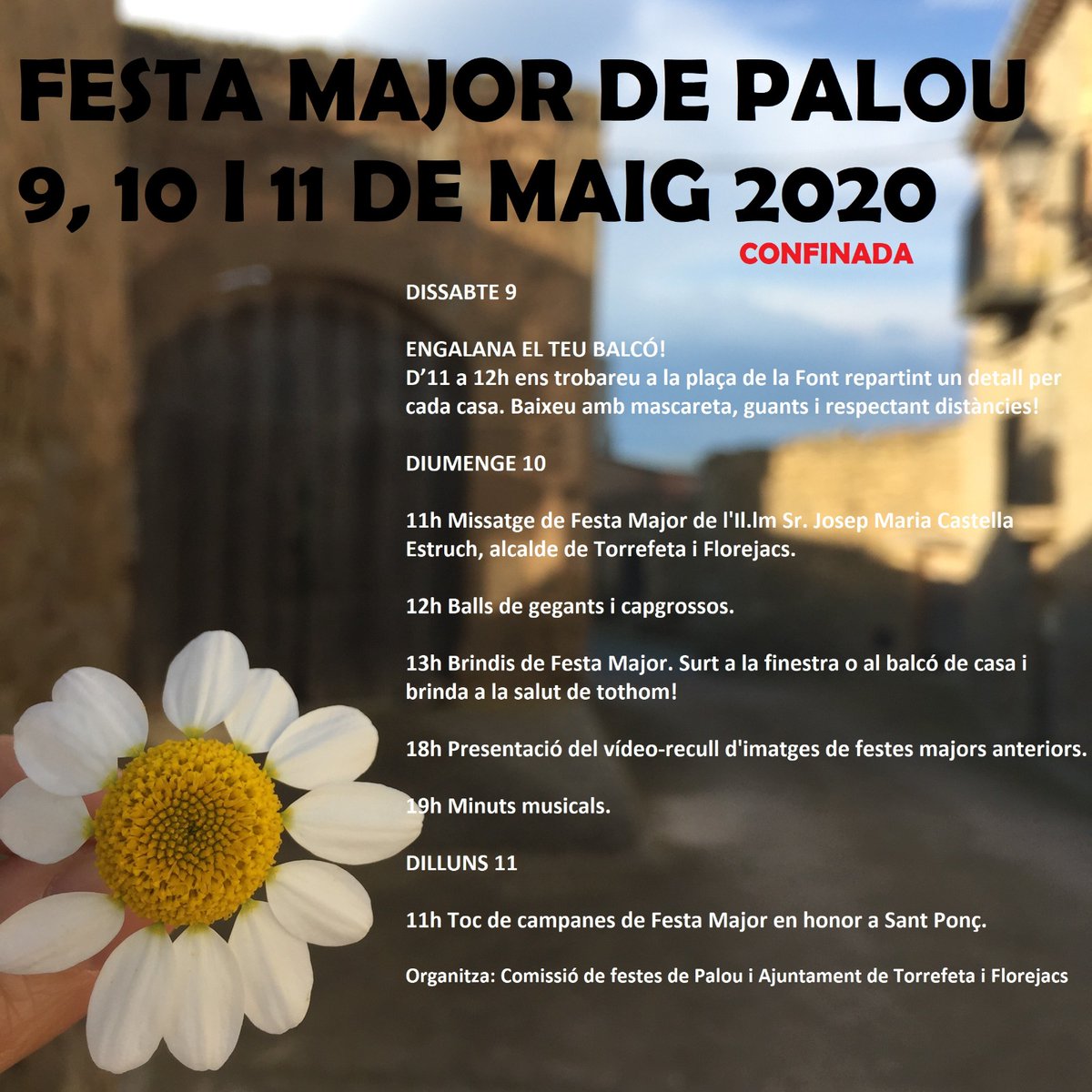 AJTorrefeta's tweet photo. FESTA MAJOR DE PALOU CONFINADA!!!

🎉Malgrat la situació que travessem, s’ha elaborat un peculiar programa d’actes perquè aquesta diada no passi per alt.

👉Podeu llegir la notícia sencera a la nostra web. MOLT BONA FESTA MAJOR!

#TIF #TiFMola #Palou #Segarra https://t.co/ZrpGp0yOcN